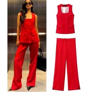 Zara Set Lined Button Vest & Pants Red